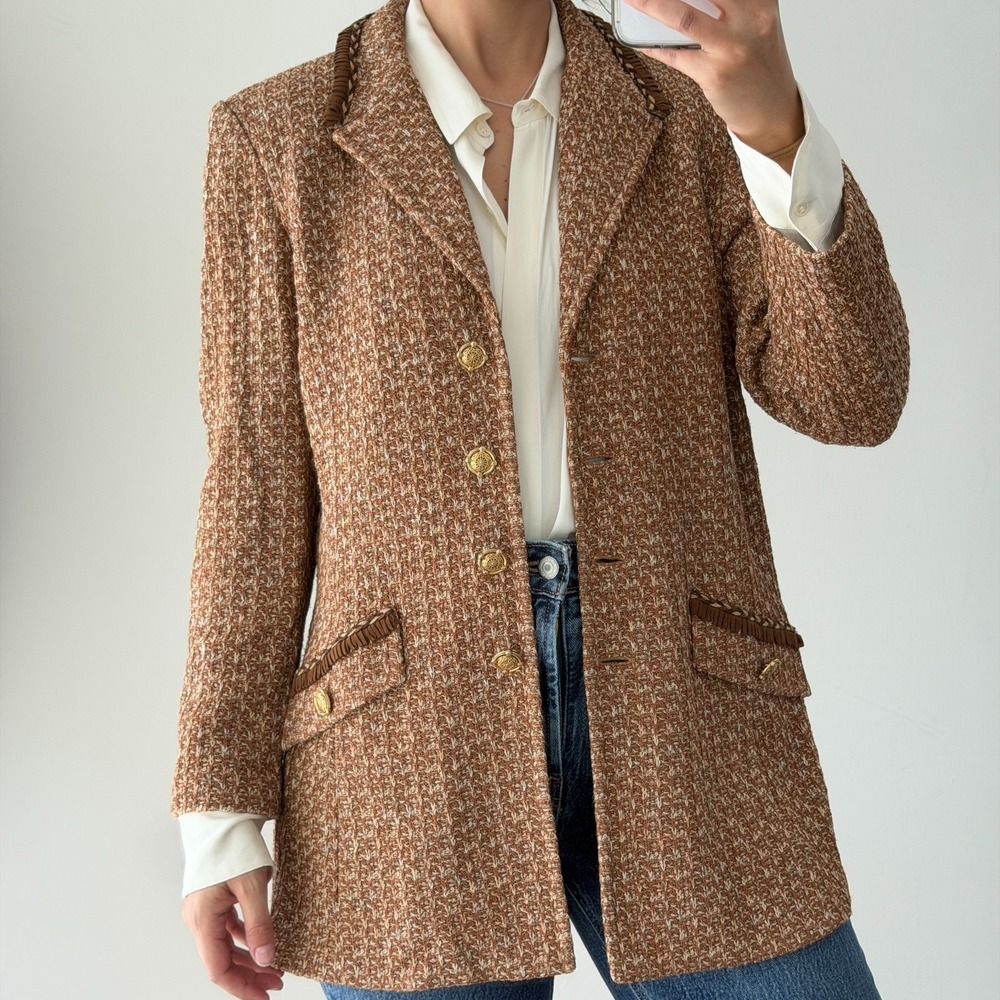 St John Tweed Jacket 12 Brown Textured Knit Gold Button Fringe Equestrian Luxury - Picture 1 of 16
